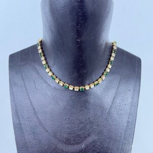 Vintage TRIFARI TM Gold Tone Clear & Emerald Green Rhinestone Choker Necklace